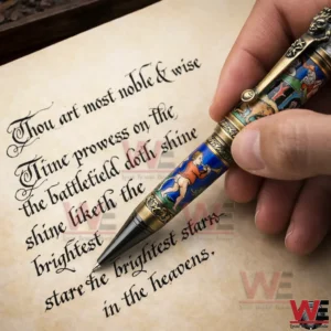 Hand holding a medieval themed pen with ornate gold trim writing calligraphy on parchment paper!