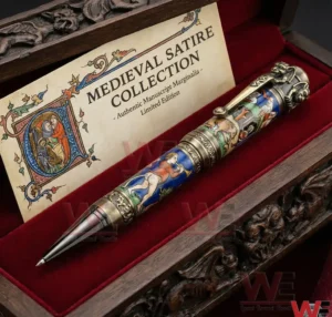 Medieval Satire Manuscript Pen 4 Medieval themed pen with illustrated manuscript art inside a wooden gift box with red velvet lining and collection card!