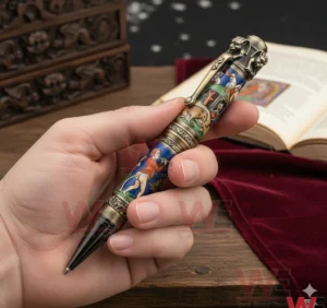 Medieval Satire Manuscript Pen 5 Hand holding a medieval themed pen with colorful manuscript illustrations and antique gold accents near an open book!