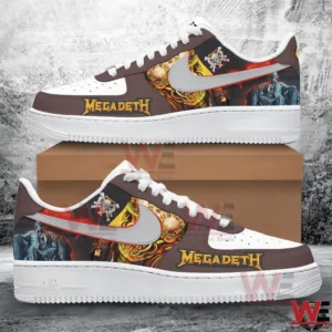 Pair of brown and white low top sneakers with Megadeth text and illustrated band themed artwork displayed on and below a cardboard box!