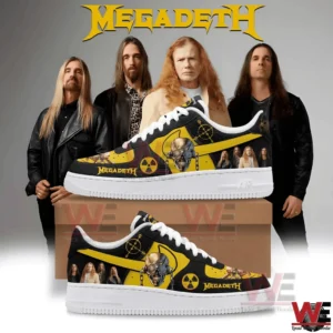 Megadeth Band Air Force 1 Sneaker 5 Black and yellow low top sneakers with Megadeth graphics displayed on boxes with a Megadeth band poster background!