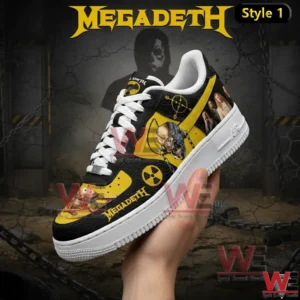Megadeth Band Air Force 1 Sneaker 7 Hand holding a black and yellow Megadeth themed sneaker with skull artwork and band text against a dark dramatic background!