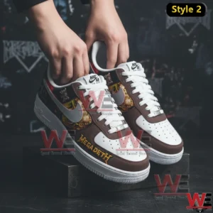 Megadeth Band Air Force 1 Sneaker 6 Hands adjusting a pair of brown and white Megadeth themed low top sneakers with white laces and custom side artwork in a dark studio background!
