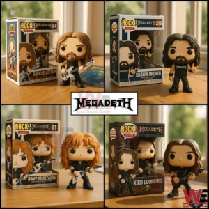 Collage of four Megadeth collectible figures with their boxes featuring band member names and rock themed branding on a bright wooden tabletop!