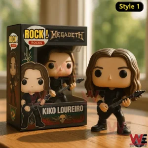 Megadeth Band Member Set Pop Figure Vinyl 6 Kiko Loureiro Megadeth collectible figure holding a guitar next to a branded Rock Rocks Megadeth box on a sunlit wooden table!