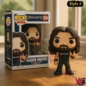 Megadeth Band Member Set Pop Figure Vinyl 7 Shawn Drover Megadeth collectible figure with long hair and beard standing beside a Rock Rocks Megadeth numbered box in warm daylight!