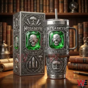 Megadeth Rust In Peace insulated tumbler with collector box on a wooden table and bookshelf background!