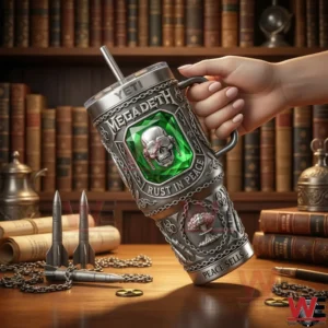 Hand holding Megadeth Rust In Peace insulated tumbler with skull and green gemstone design!