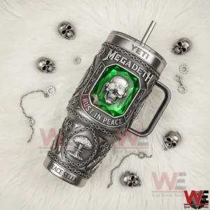 Megadeth Rust In Peace insulated tumbler placed on white fur background with skull decorations!