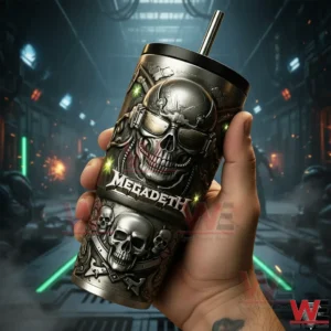 Megadeth Skull Limited Edition Tumbler 4 Hand holding a silver and black Megadeth skull tumbler with metal straw and bold logo in a dramatic industrial corridor setting!
