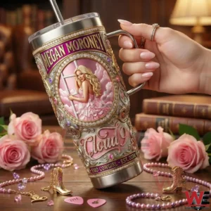 Hand holding pink Megan Moroney Yeti tumbler surrounded by roses and jewelry!