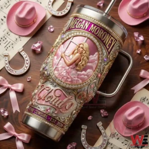 Pink Megan Moroney Yeti tumbler on table with hats music sheets and accessories!