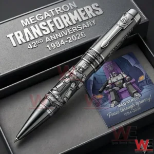 A Megatron Themed Silver Pen Shown In A Gift Box With Transformers Anniversary Text And A Collectible Card Featuring Megatron Illustration!