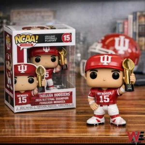 The image presents a detailed football themed collectible figure holding a trophy with branded packaging placed behind it!