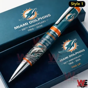 Miami Dolphins sixtieth anniversary ballpoint pen in a presentation box featuring teal and orange colors team logo anniversary text and detailed dolphin artwork.