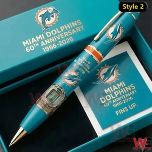 Miami Dolphins 60th Anniversary 1966-2026 Pen 5 Miami Dolphins sixtieth anniversary ballpoint pen in a teal presentation box featuring team logo anniversary text stadium themed artwork and fins up card insert.