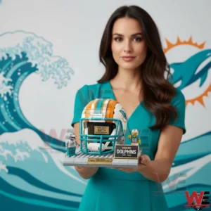 Person holding Miami Dolphins helmet anniversary brick display!