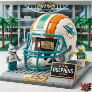 Miami Dolphins anniversary helmet brick display at stadium backdrop!