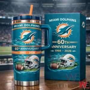 Miami Dolphins Limited Edition Travel Tumbler 5 Teal Miami Dolphins 60th anniversary insulated tumbler with handle and orange straw displayed next to a matching gift box in front of a stadium background.