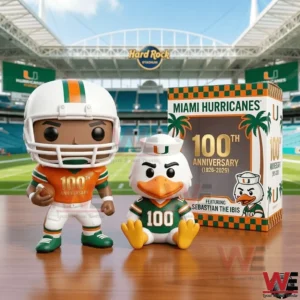 Stylized football player figure and bird mascot figure in Miami Hurricanes uniforms displayed in a stadium setting with an anniversary themed box!