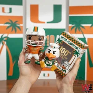 Hands holding Miami Hurricanes football figure and bird mascot figure with an anniversary display box against a bold team color background!