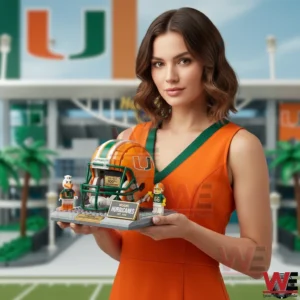 Woman holding Miami Hurricanes football helmet display!
