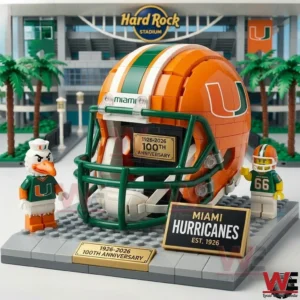 Miami Hurricanes football helmet display with mascot figures!