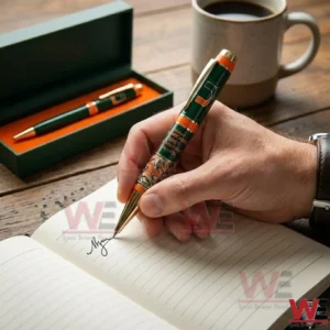 Miami Hurricanes 100th Anniversary 1926-2026 Pen 7 Hand writing in a notebook with a Miami Hurricanes 100th anniversary 1926 2026 commemorative pen on a wooden desk with a coffee mug and matching pen box in the background!