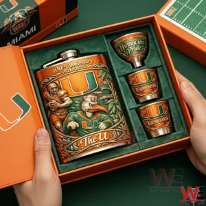 Miami Hurricanes 100th Anniversary Flask Set 3 Hands holding an open gift box that displays a decorated anniversary flask and three matching cups arranged in green felt with orange green and metallic design details!