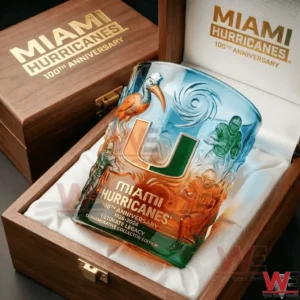 A Miami Hurricanes anniversary glass placed inside a wooden collector box with elegant interior fabric and bold team artwork!