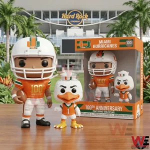 Miami Hurricanes anniversary collectible figures featuring a football player and the Sebastian mascot with a themed display box in a stadium setting.