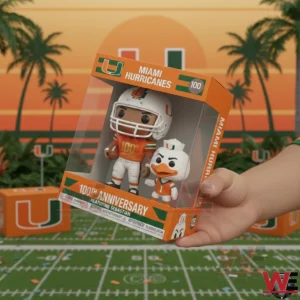 Miami Hurricanes 100th Anniversary Mascot Sebastian 3D Pop Figure Vinyl 3 Hand holding a Miami Hurricanes anniversary figure box with a football player and Sebastian mascot inside against a football field and sunset background.