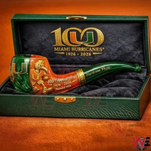 Miami Hurricanes anniversary pipe in a green box with 100th anniversary 1926 2026 design and team themed artwork.