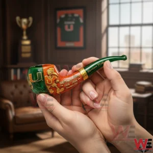 Miami Hurricanes 100th Anniversary Pipe 3 Hands holding a Miami Hurricanes commemorative pipe featuring green orange colors gold accents and anniversary text.