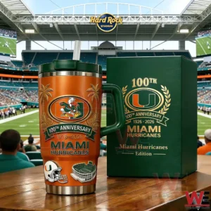 Miami Hurricanes 100TH ANNIVERSARY 1926-2026 Tumbler 3 A Miami Hurricanes tumbler and green box displayed together with a football field and crowd in the background!