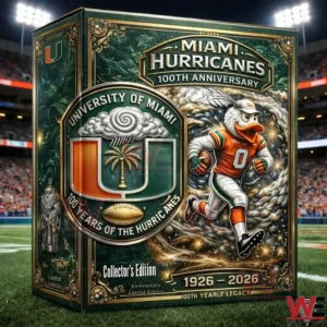 Miami Hurricanes one hundredth anniversary collector edition box on a football field with University of Miami emblem and mascot football player artwork with the years one nine two six to two zero two six.