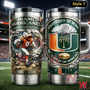 Two stainless steel Miami Hurricanes anniversary tumblers with mascot football player artwork and University of Miami emblem displayed on a football field under stadium lights with Style one label.