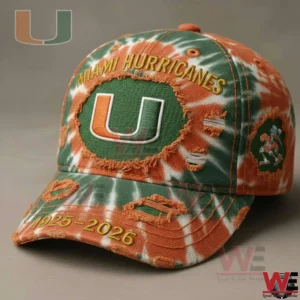 Green and orange baseball cap with embroidered team logo distressed stitching and curved brim displayed on a neutral surface!