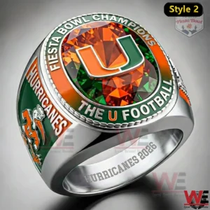 Silver championship ring with orange and green gemstone bold logo design and smooth metallic surface!