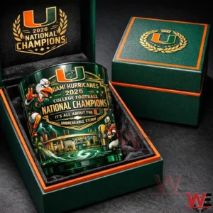 A Miami Hurricanes national champions whiskey glass presented inside a green and orange luxury gift box!