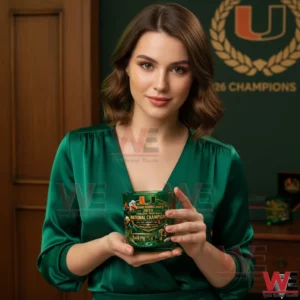 Miami Hurricanes 2026 National Champions Whiskey Glass 3 A woman in a green outfit holding a Miami Hurricanes national champions whiskey glass indoors!