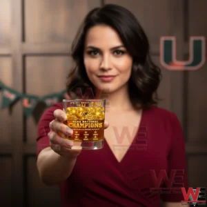 Female model holding a Miami Hurricanes NCAA champions whiskey glass close to the camera with the product centered and clearly visible!