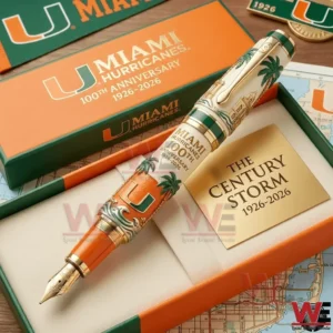 A detailed view of a Miami Hurricanes commemorative fountain pen placed in a collector box highlighting craftsmanship and centennial heritage!