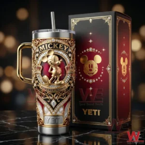 A Mickey Mouse insulated tumbler and presentation box displayed together in a refined setting!