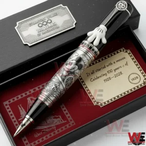 Steamboat Willie commemorative pen in a gift box with red interior featuring black and silver artwork and a 100 year celebration card dated 1928 2028.