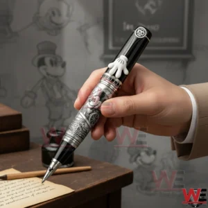 Mickey Mouse Steamboat Willie 100 Years of Imagination pen 3 Hand holding a Steamboat Willie themed pen with black and silver artwork and engraved details in a nostalgic vintage themed background.