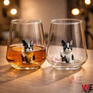 Two clear glass cups on a wooden surface with small dog figurines inside one filled with amber liquid and one empty!