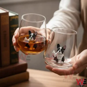 Middle Finger French Bulldog 3D Figurine Glass Cup 3 Hands holding two clear glass cups with small dog figurines inside one filled with amber liquid and one empty!