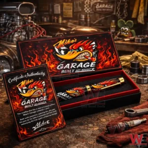 Flame themed gift pen set in a black and red box with Mikes Garage Built Not Bought branding and a certificate card on a garage workbench!