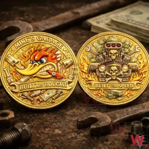 Two gold garage themed coins on a workbench featuring a flaming bird graphic and a skull hot rod design with Mikes Garage slogans.